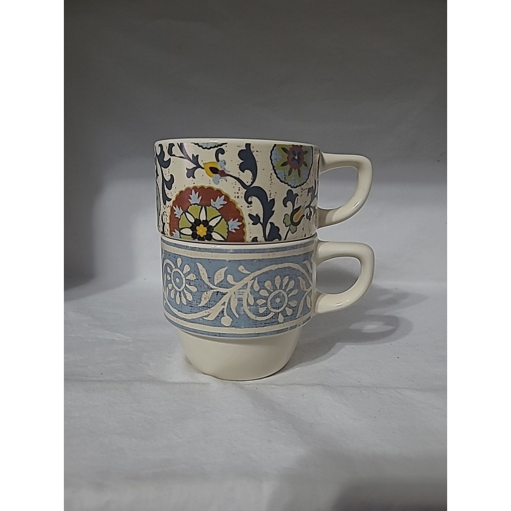 Pier 1 Stacking Scroll Stoneware Coffee Tea Mugs Set of 2
